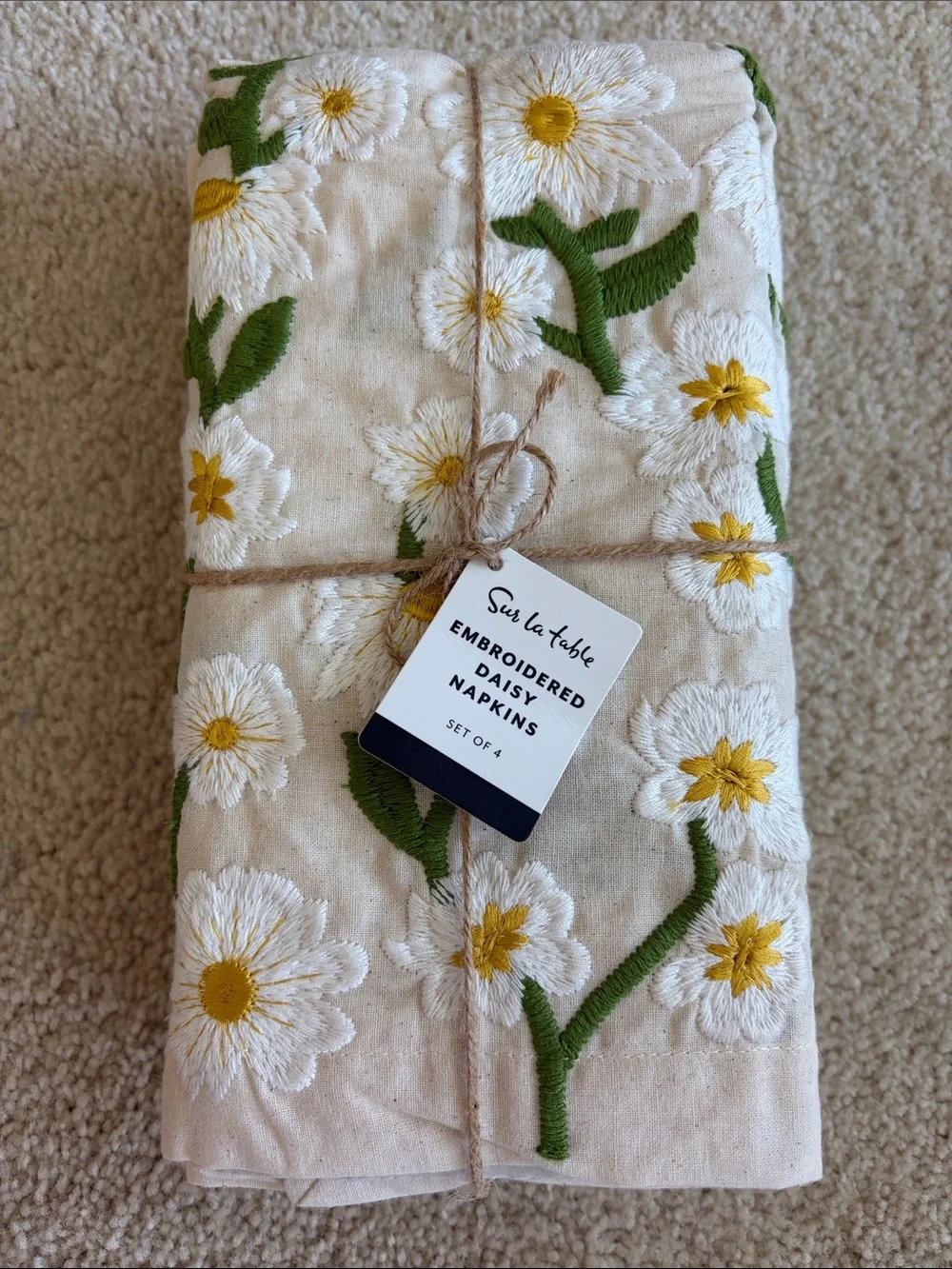 Sur La Table Cream Napkins with White Daisies and Yellow Centers